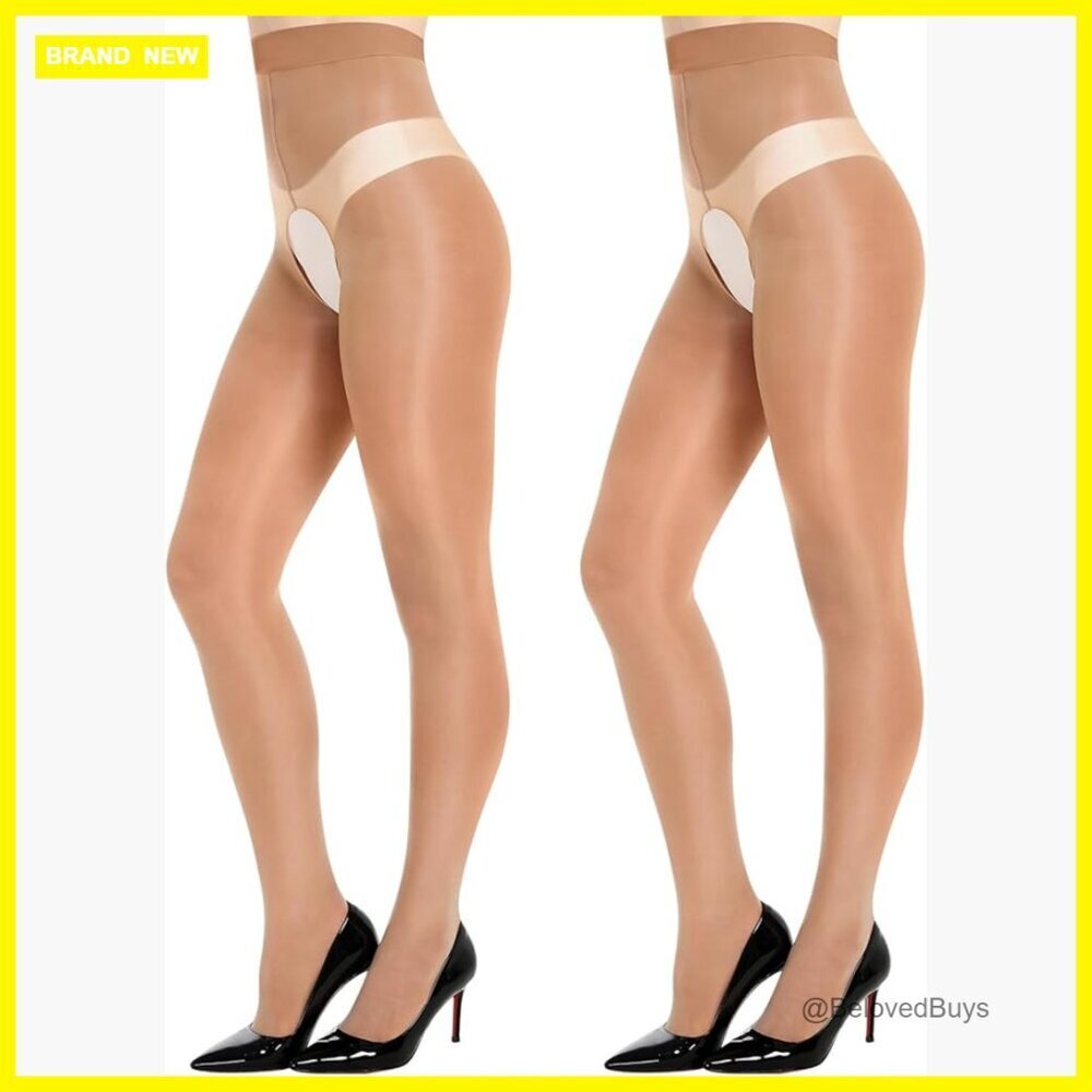 2 Pairs Shiny Sheer Tights Open Crotch 15D Ultra Shimmer Control Top